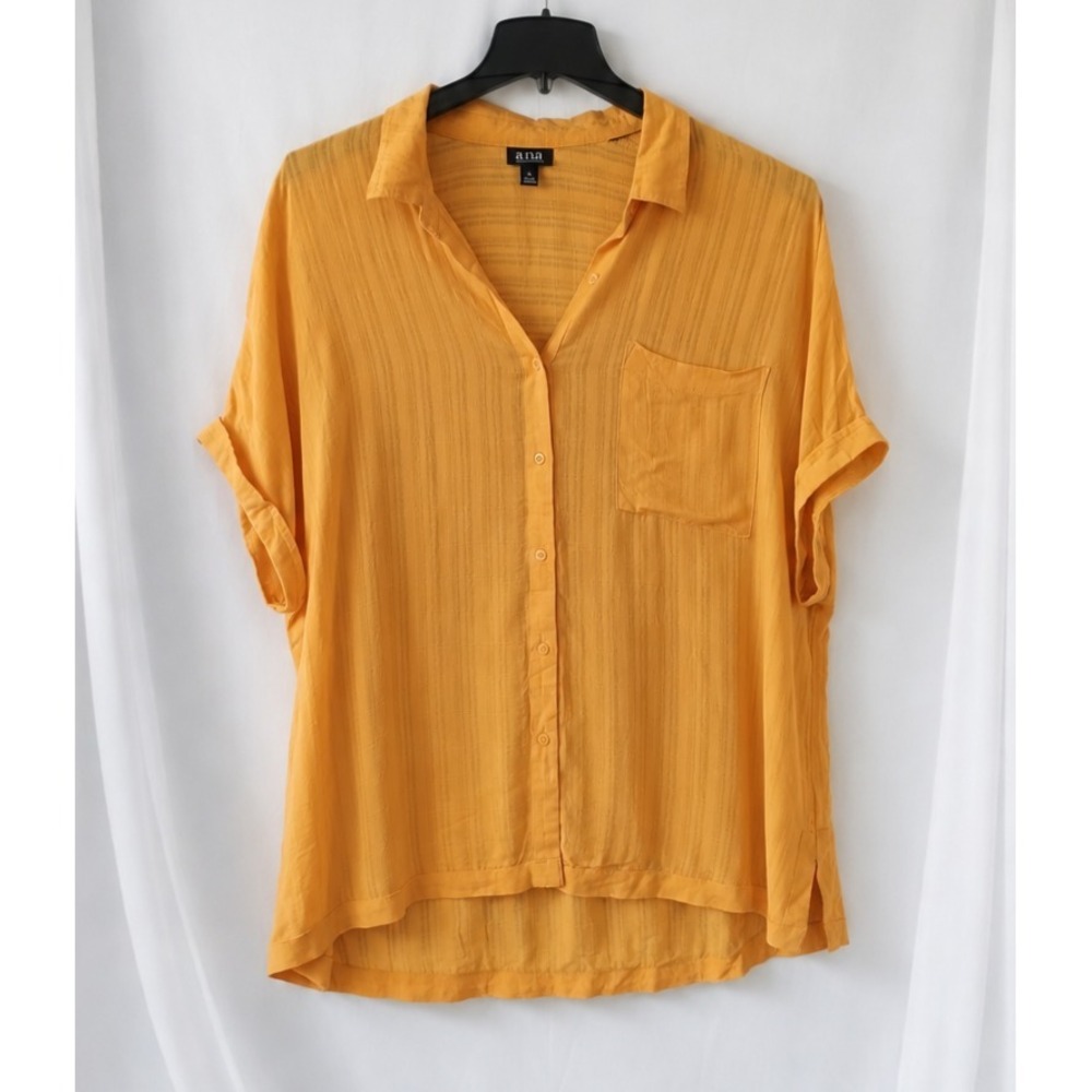 ANA A New Approach Shirt Short Sleeve Button Up XL Yellow Crinkle Blouse Top